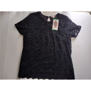 TEDDI ROSE Black‎ Lace Short Sleeve Top XL Keyhole Back Sheer Overlay